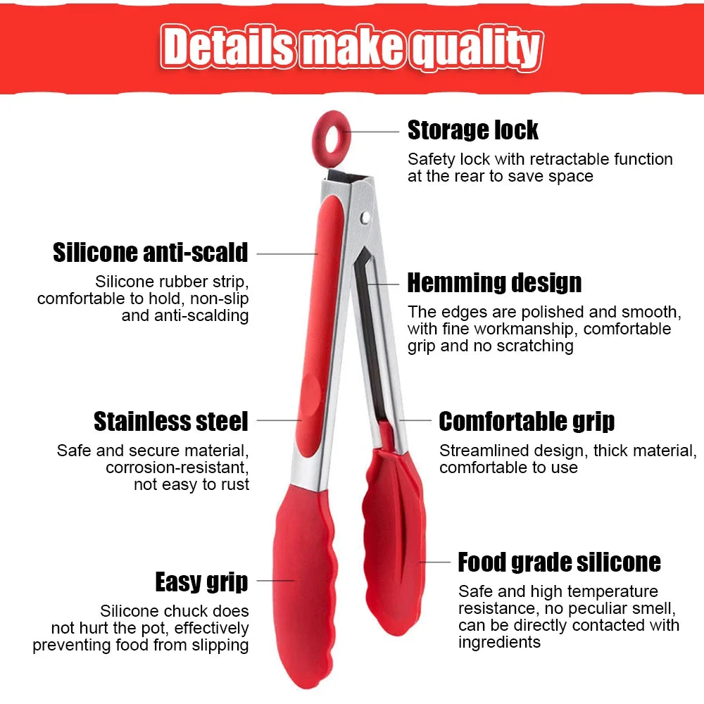 Silicone Kitchen Tongs - 7/9/12in BBQ, Baking, Salad
