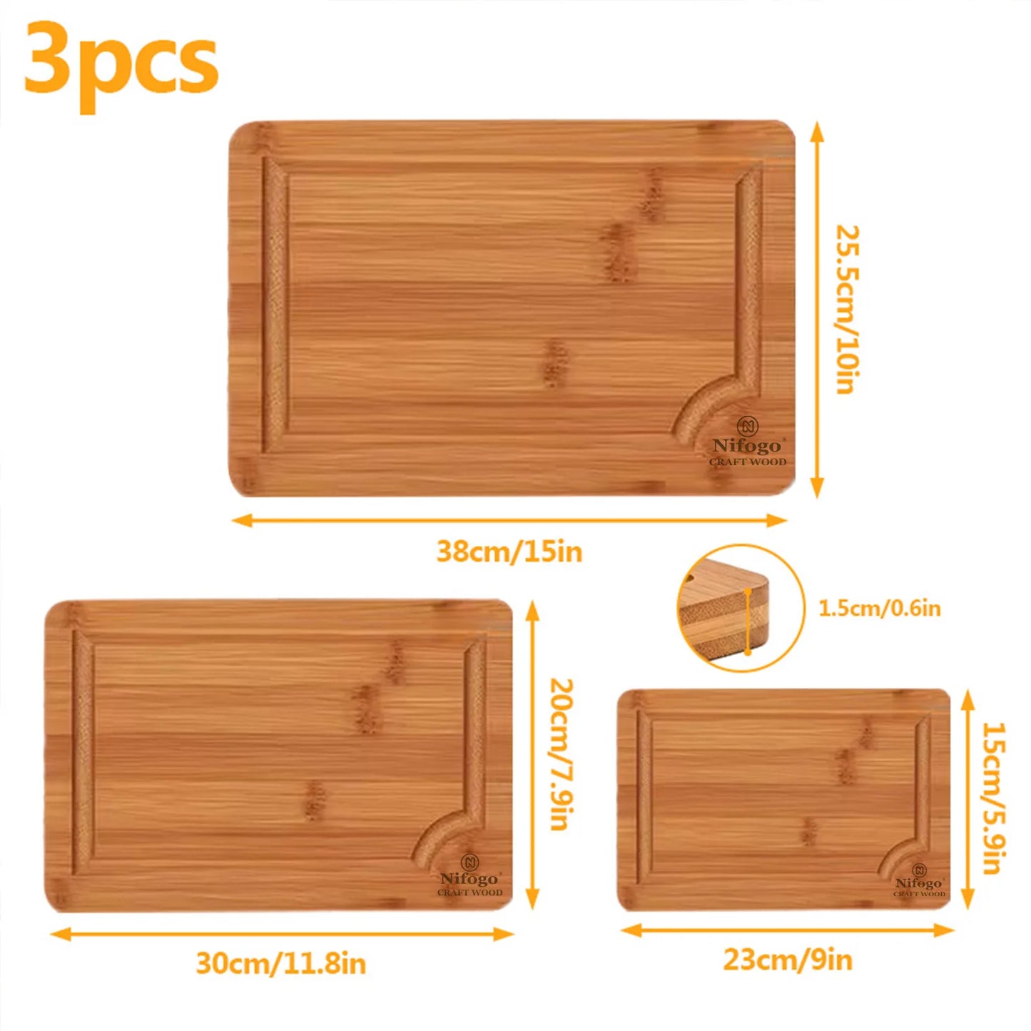 Nifogo 5 Pack Bamboo Cutting Boards Set with Juice Groove, Multipurpose Wooden Kitchen Chopping Boards for Meat, Vegetables, Bread, Serving Tray
