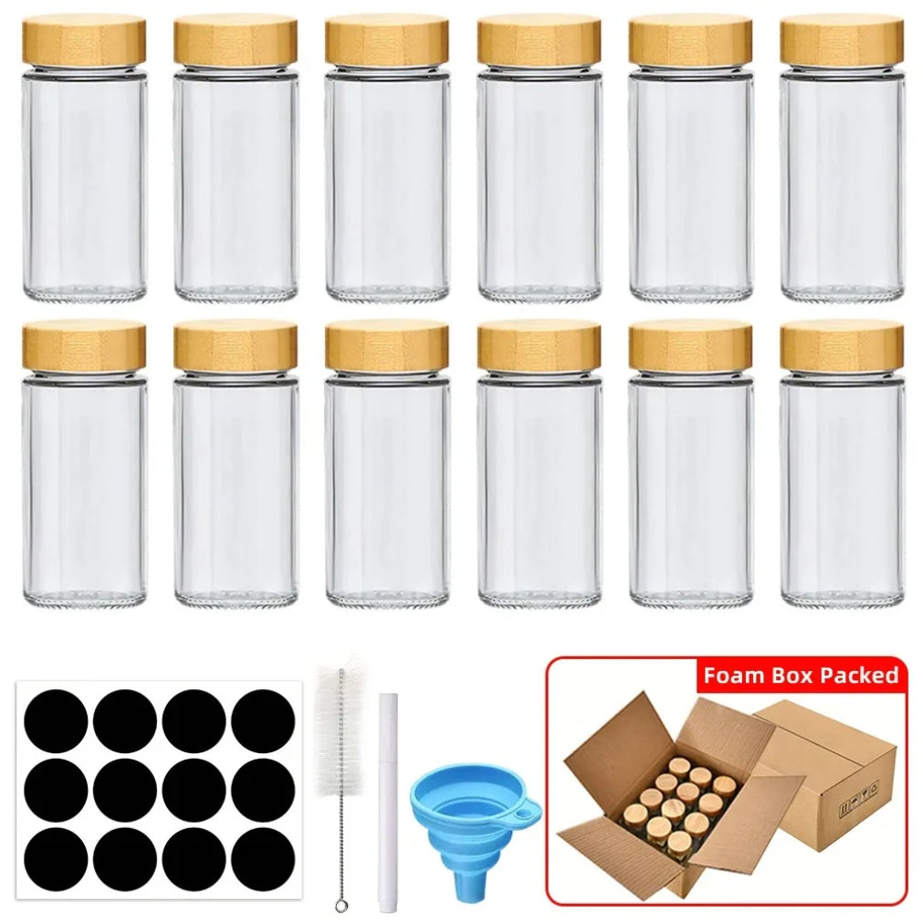 Spice Jars Set: 12 Bamboo Lid Jars + Labels & Funnel