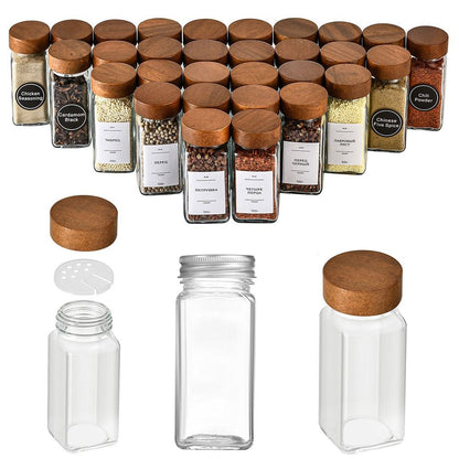 Glass Spice Jars with Acacia Lids - Sealed Storage Bottles