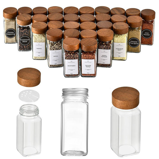 Glass Spice Jars with Acacia Lids - Sealed Storage Bottles
