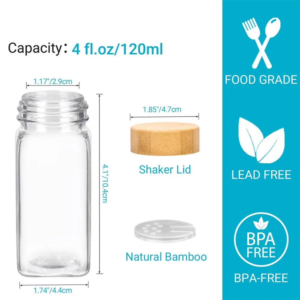 Spice Jars Set: 12 Bamboo Lid Jars + Labels & Funnel