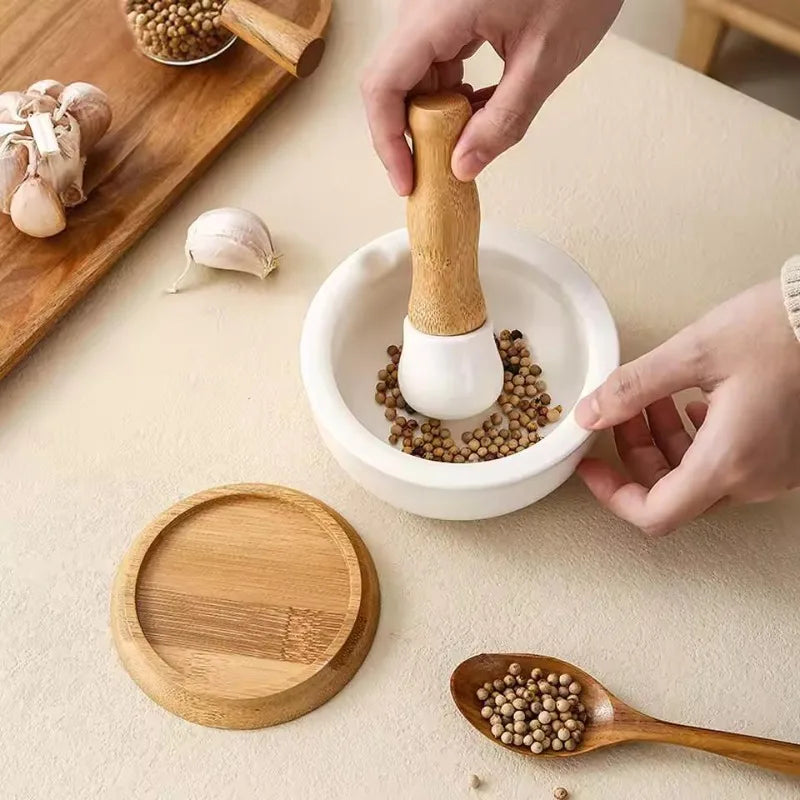 1PC Ceramic Mortar Pestle Manual Grinder European‑Style Pepper Grinding Bowl Crusher for Household Kitchen Use