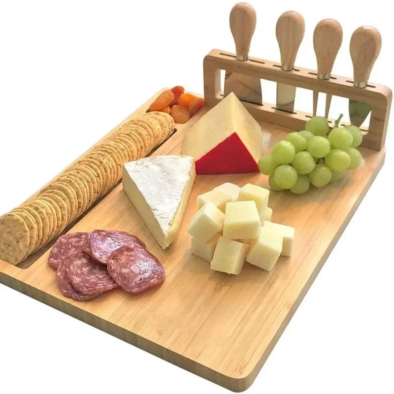 Charcuterie Board: Bamboo Cheese Board Set with Knife & Slicer