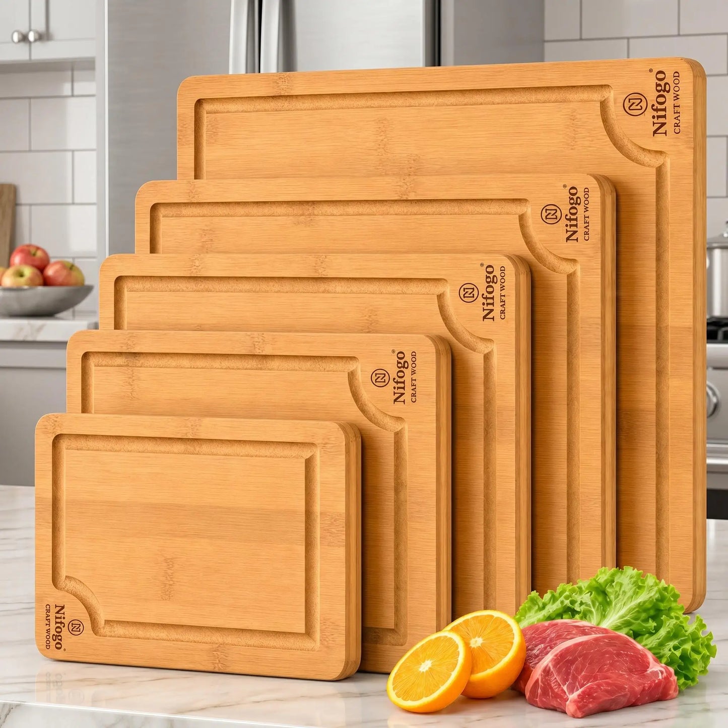 Nifogo 5 Pack Bamboo Cutting Boards Set with Juice Groove, Multipurpose Wooden Kitchen Chopping Boards for Meat, Vegetables, Bread, Serving Tray