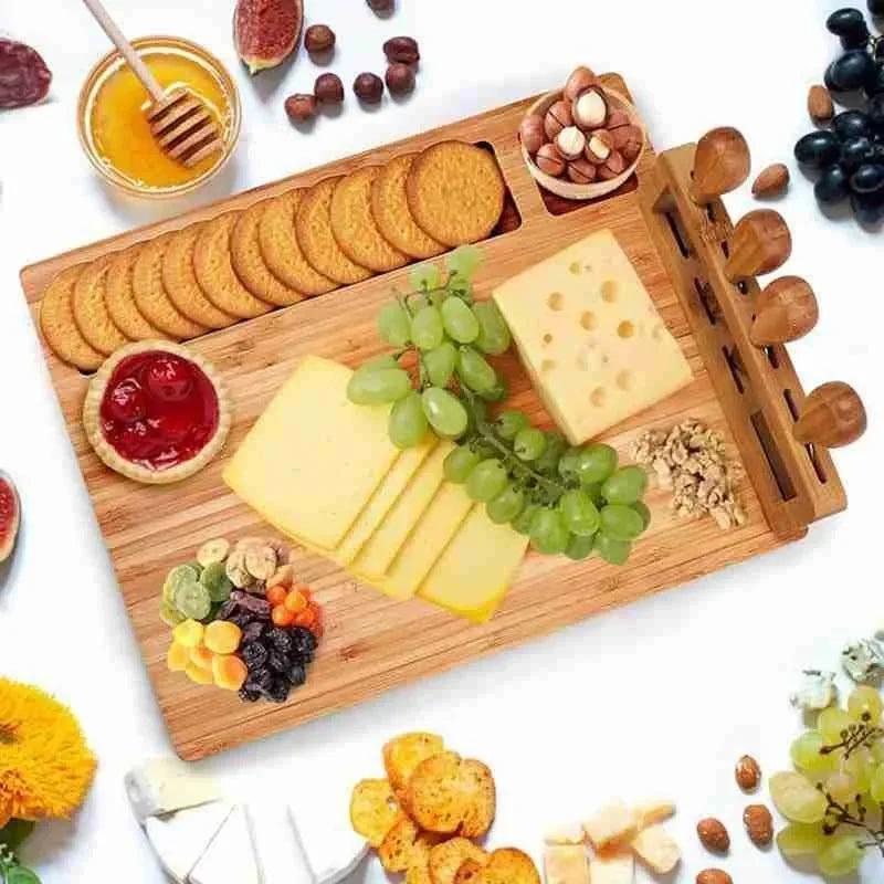 Charcuterie Board: Bamboo Cheese Board Set with Knife & Slicer