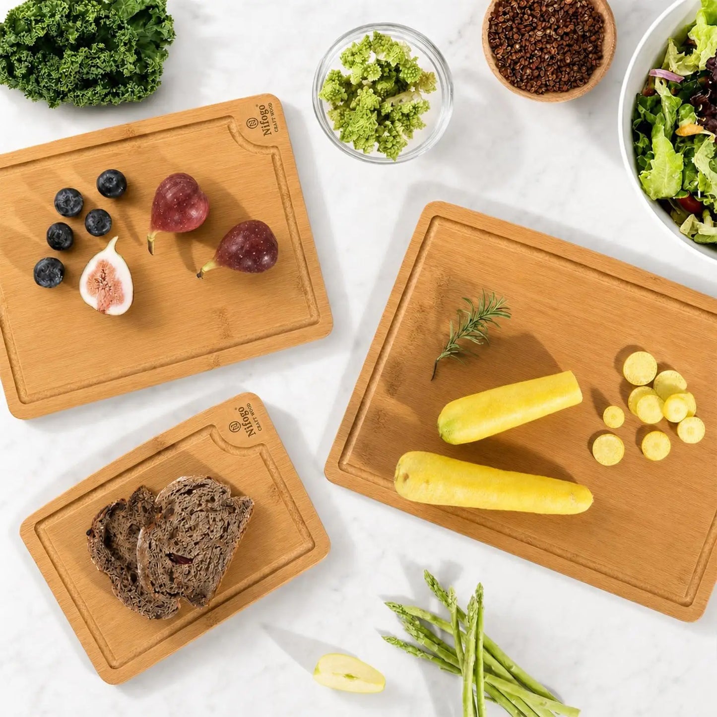 Nifogo 5 Pack Bamboo Cutting Boards Set with Juice Groove, Multipurpose Wooden Kitchen Chopping Boards for Meat, Vegetables, Bread, Serving Tray
