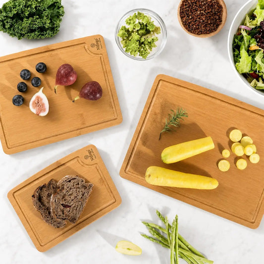 Nifogo 5 Pack Bamboo Cutting Boards Set with Juice Groove, Multipurpose Wooden Kitchen Chopping Boards for Meat, Vegetables, Bread, Serving Tray