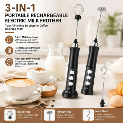 USB Rechargeable Milk Frother Mini Handheld Electric Foam Maker with 3 Speed Whisks for Latte Cappuccino Espresso Hot Chocolate Stainless Steel Egg Beater Drink Mixer Kitchen Gadgets Tools Great for Home Use and Quick Mixing