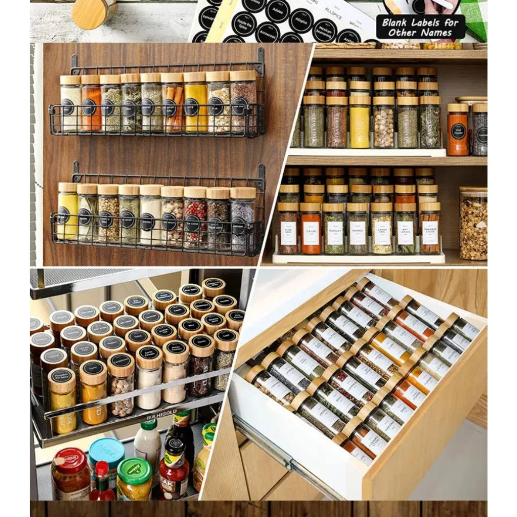 Glass Spice Jars Set - 12 pcs with Bamboo Lids & Labels
