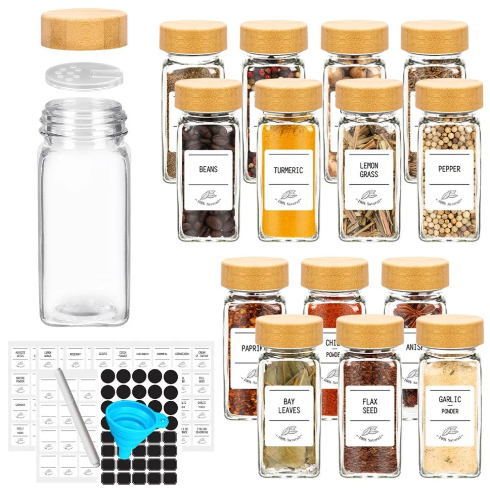 Glass Spice Jars Set - 12 pcs with Bamboo Lids & Labels