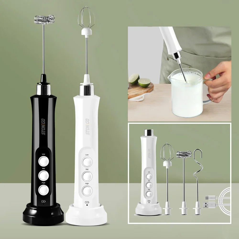 USB Rechargeable Milk Frother Mini Handheld Electric Foam Maker with 3 Speed Whisks for Latte Cappuccino Espresso Hot Chocolate Stainless Steel Egg Beater Drink Mixer Kitchen Gadgets Tools Great for Home Use and Quick Mixing